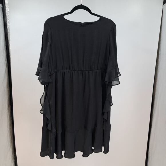 Who What Wear Mini Dress L Flutter Keyhole Sleeve Chiffon Ruffled Tiered Black - Picture 1 of 8